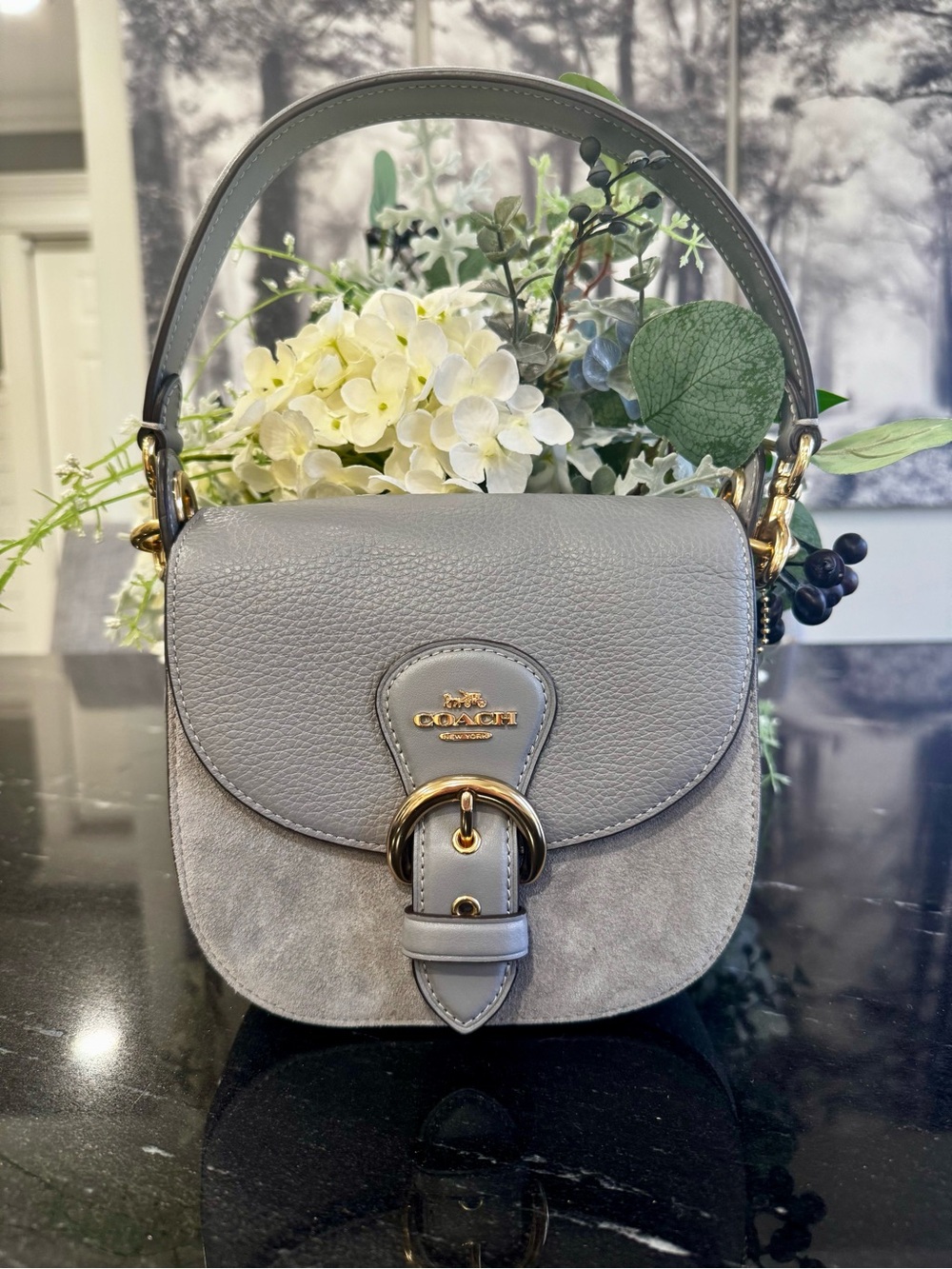 Coach Gray Pebbled Leather & Suede Mini Saddle Bag with Gold Hardware